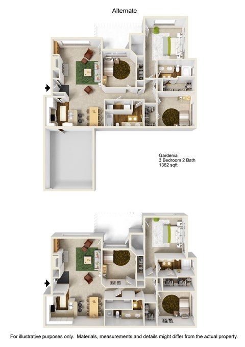 Floor plan for 3 beds, 2 baths, 1362 sqft